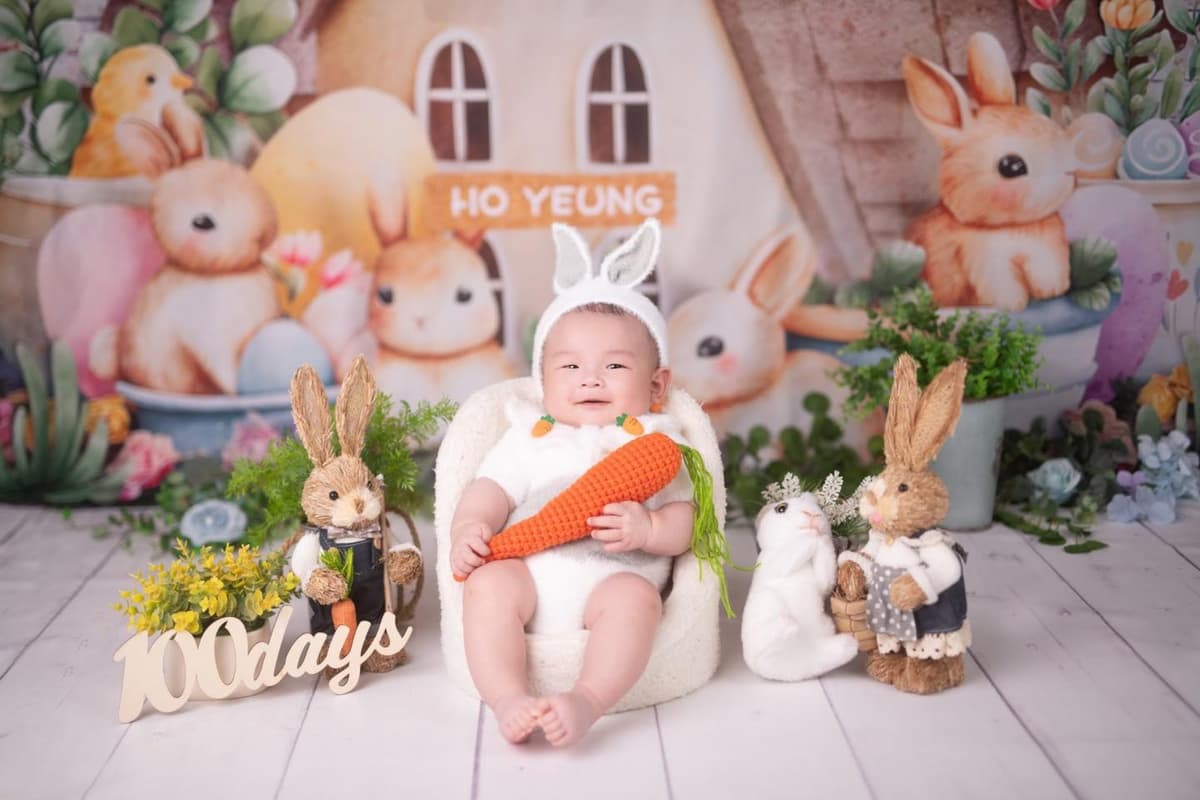 Bunny Party scene - 100 days baby photo adorable bunny outfit