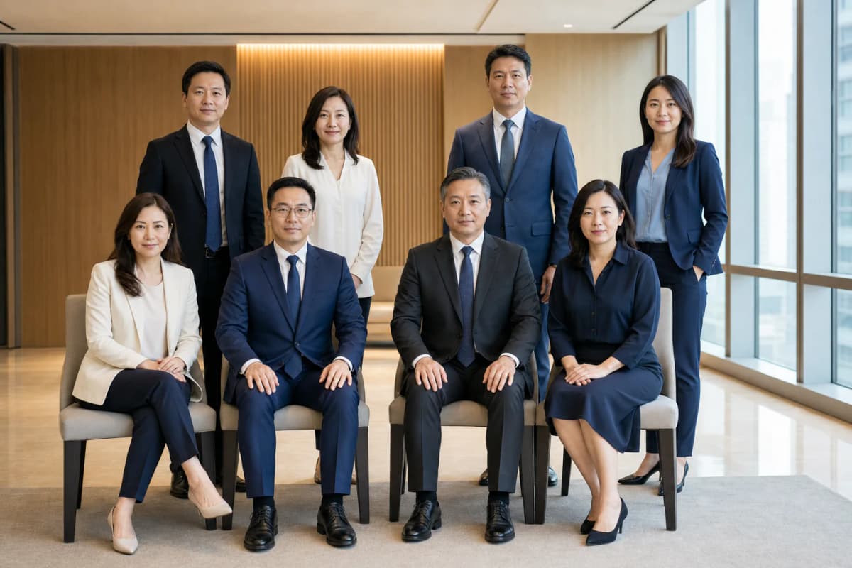 辦公室內排列整齊的正式公司團體照