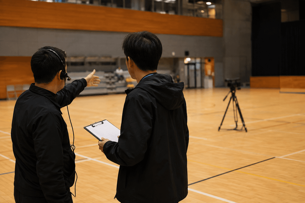 Two event-side staff confirm positions and the running flow beside an indoor court