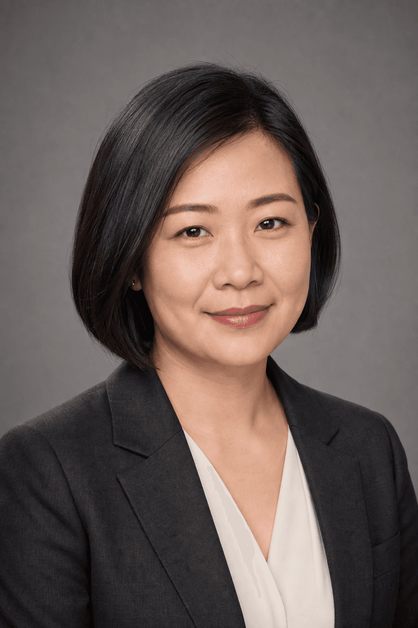 暖灰背景下穿深色西裝及淺色上衣的公司女職員頭像