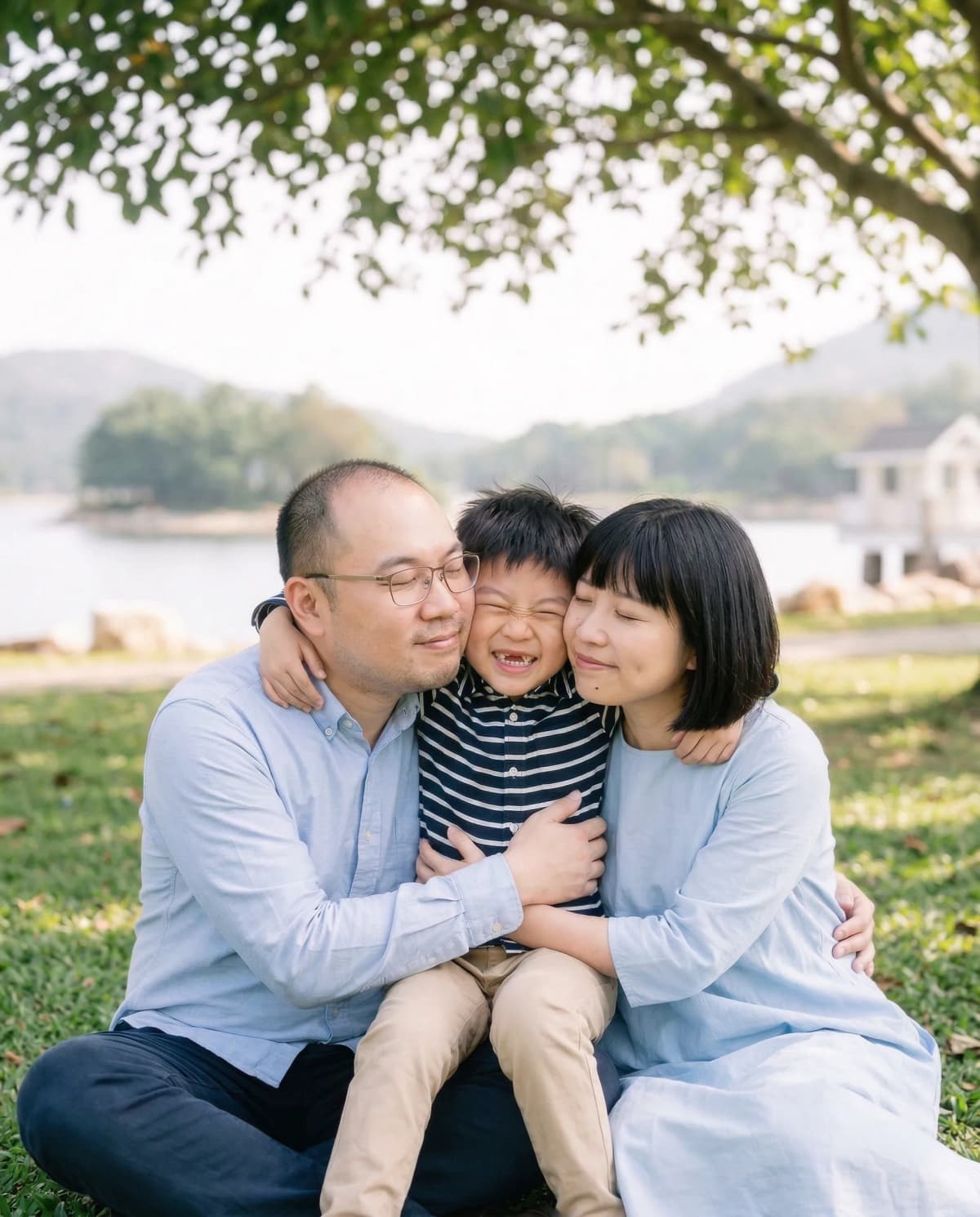 Outdoor family hug calming a child during photography