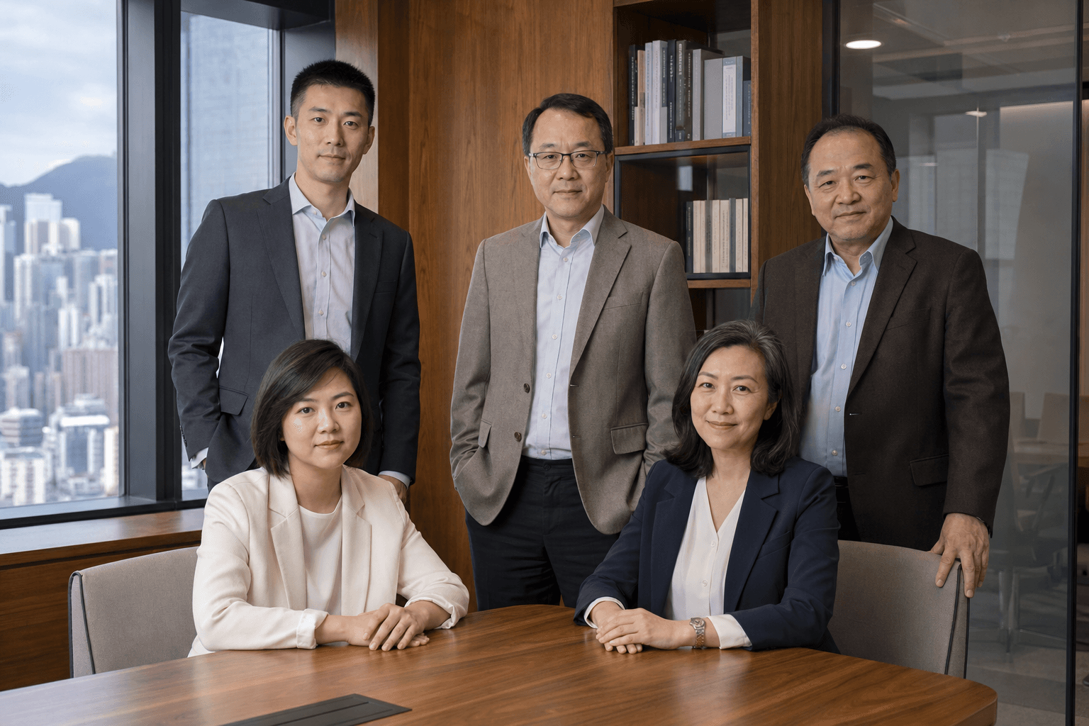六位香港公司成員在辦公室拍攝正式團隊合照