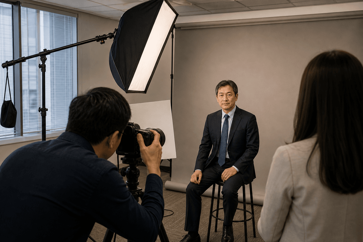 On-site executive portrait setup with backdrop and lighting in a Hong Kong office