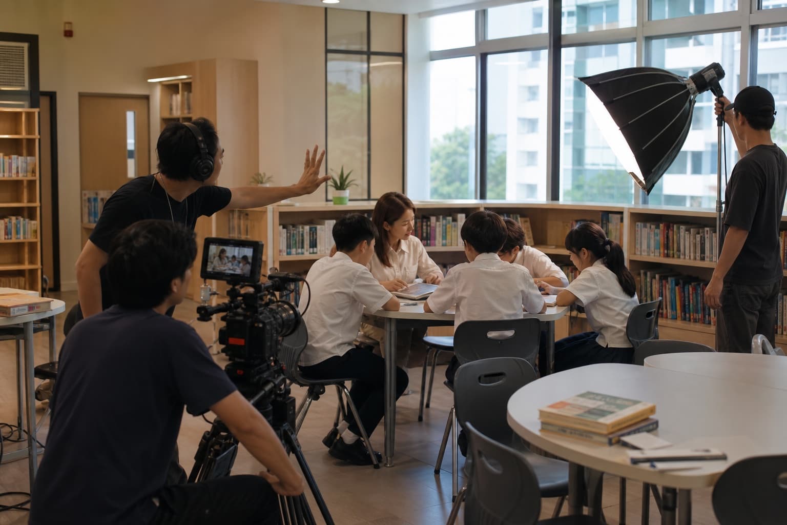 Production team filming a school promotional video with students in a library