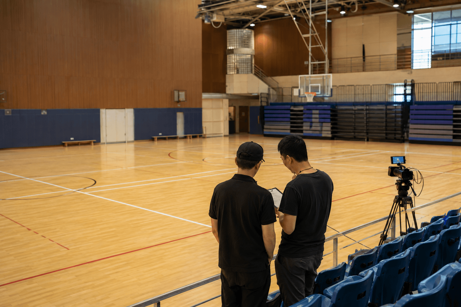 Production crew review event details beside a camera in an indoor sports hall