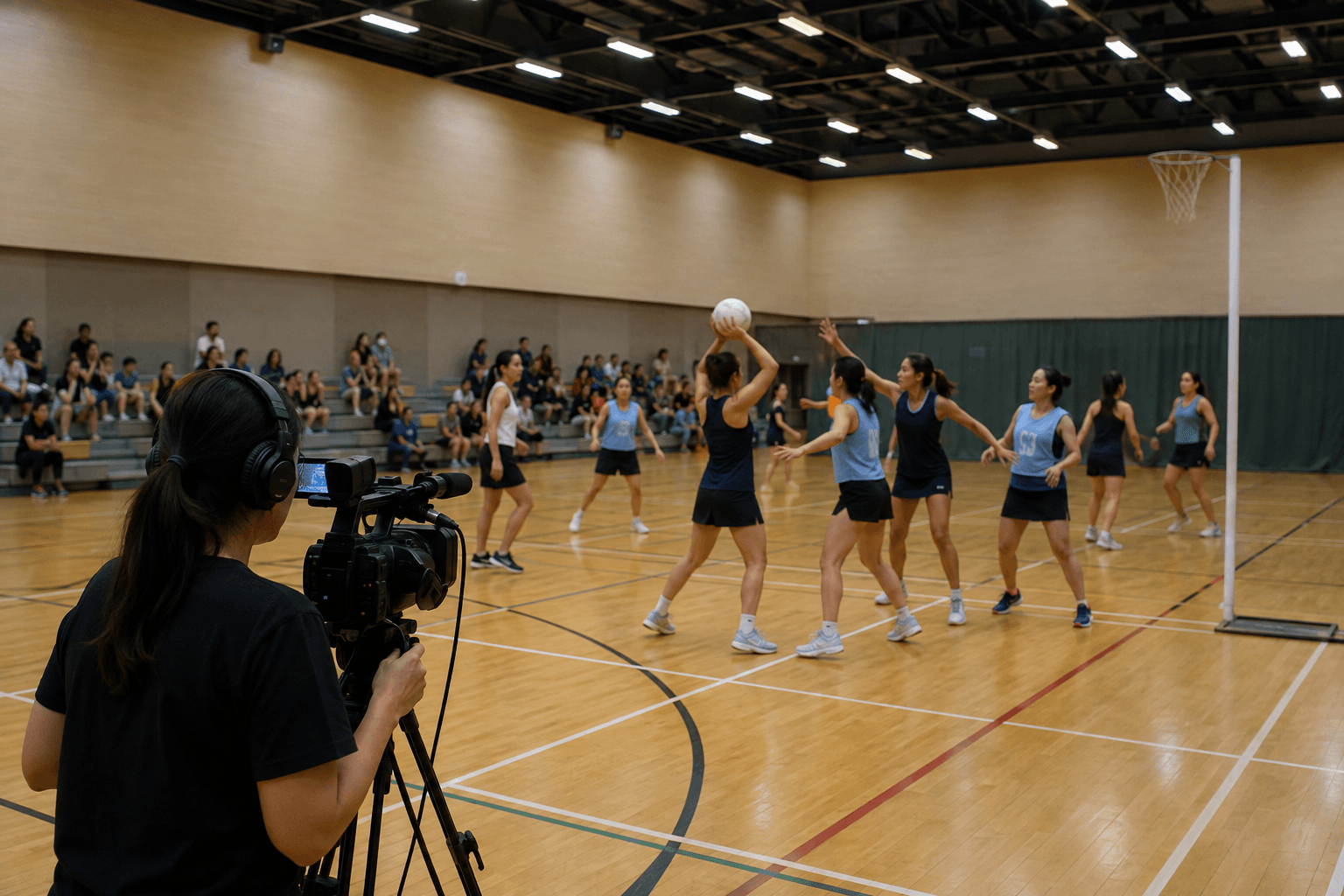 Camera operator films an indoor netball-style match for livestream coverage