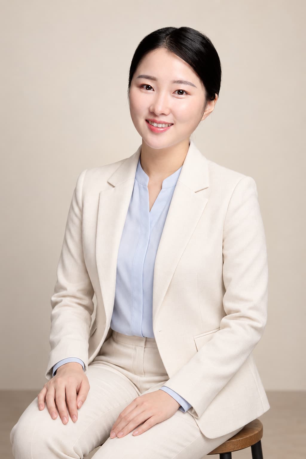 女士穿米白色西裝外套的企業形象照