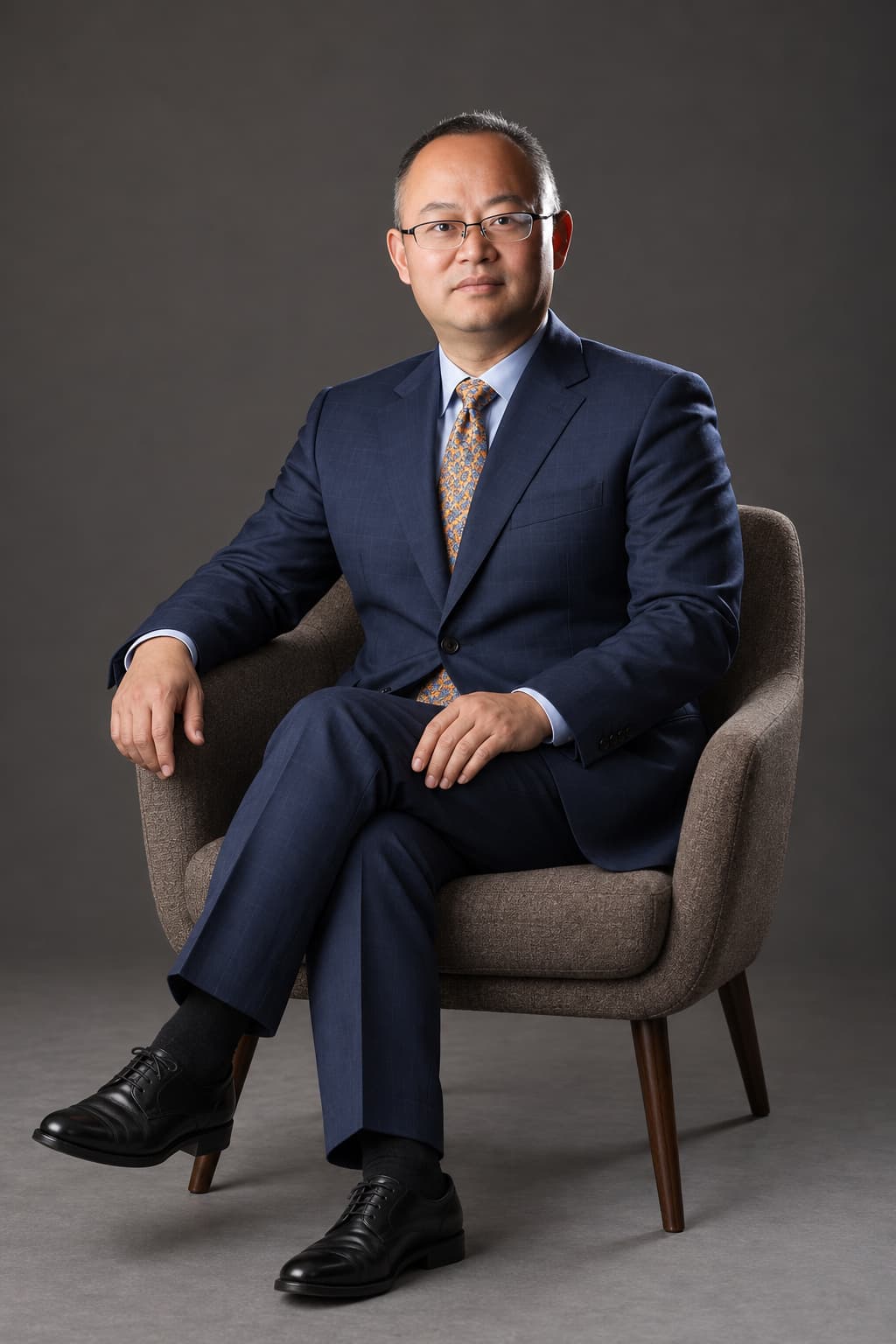 管理層男士穿深色西裝坐在扶手椅上的形象照