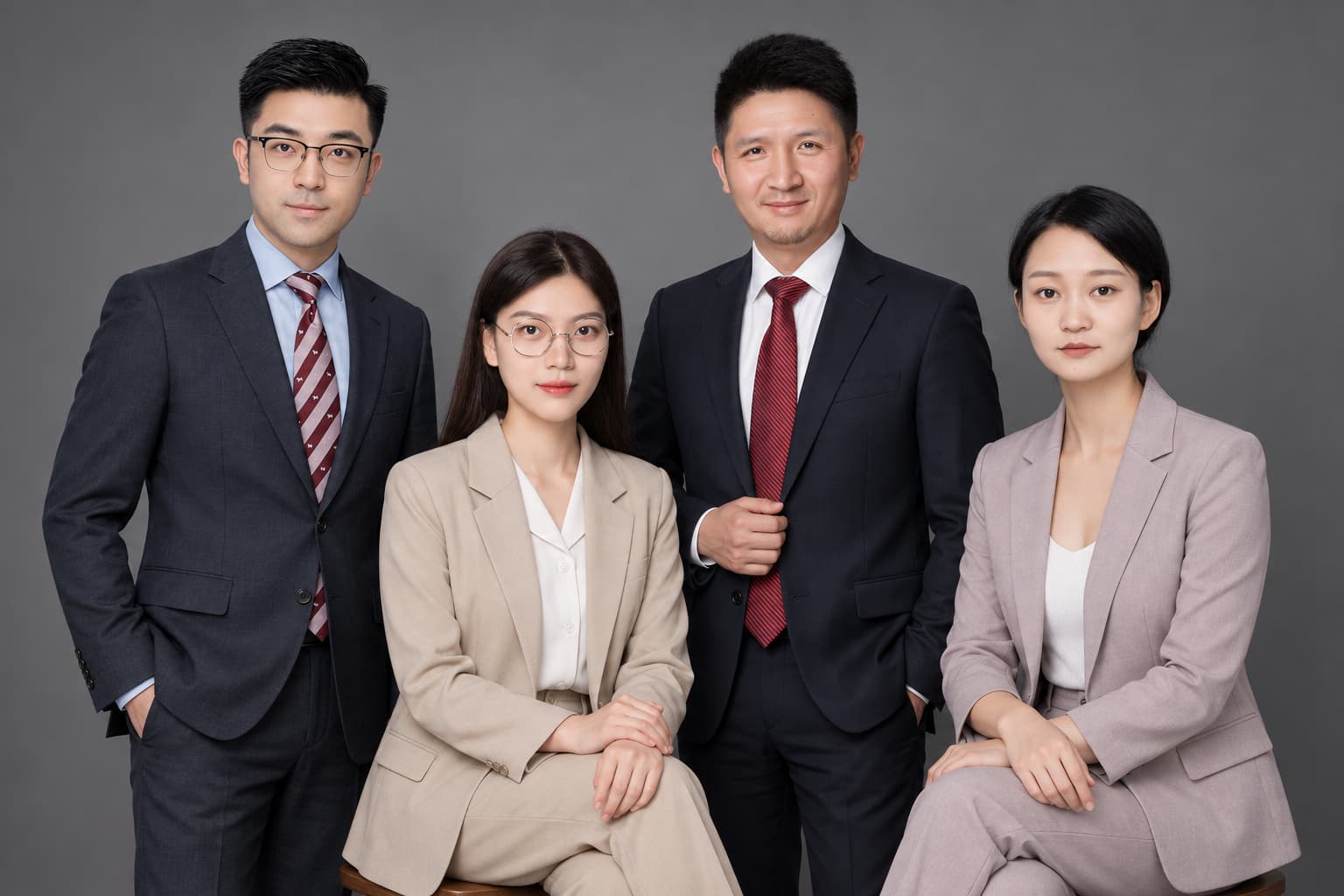 四位同事穿西裝在深灰背景前拍攝的正式公司團隊照