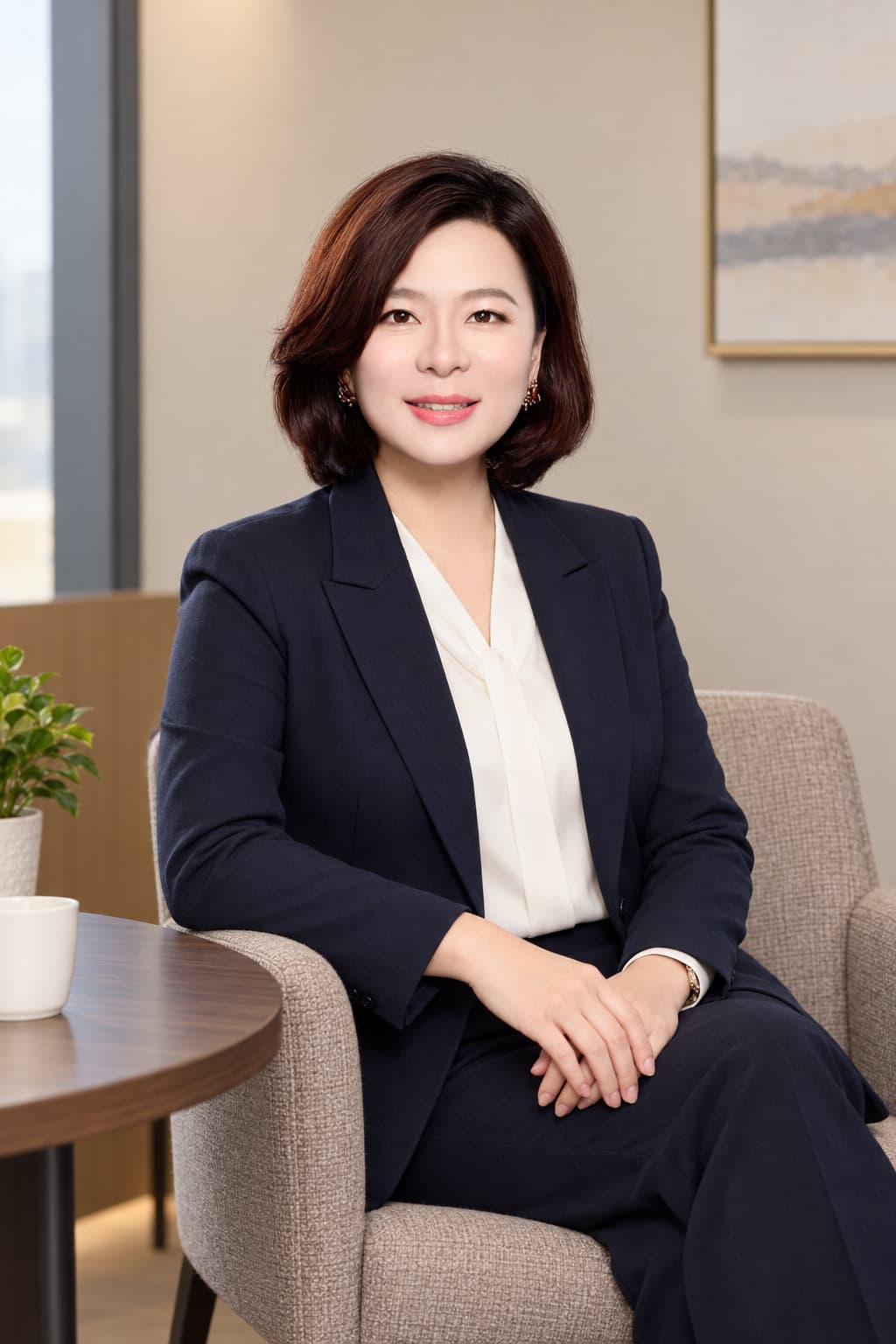 Woman seated in an office lounge area