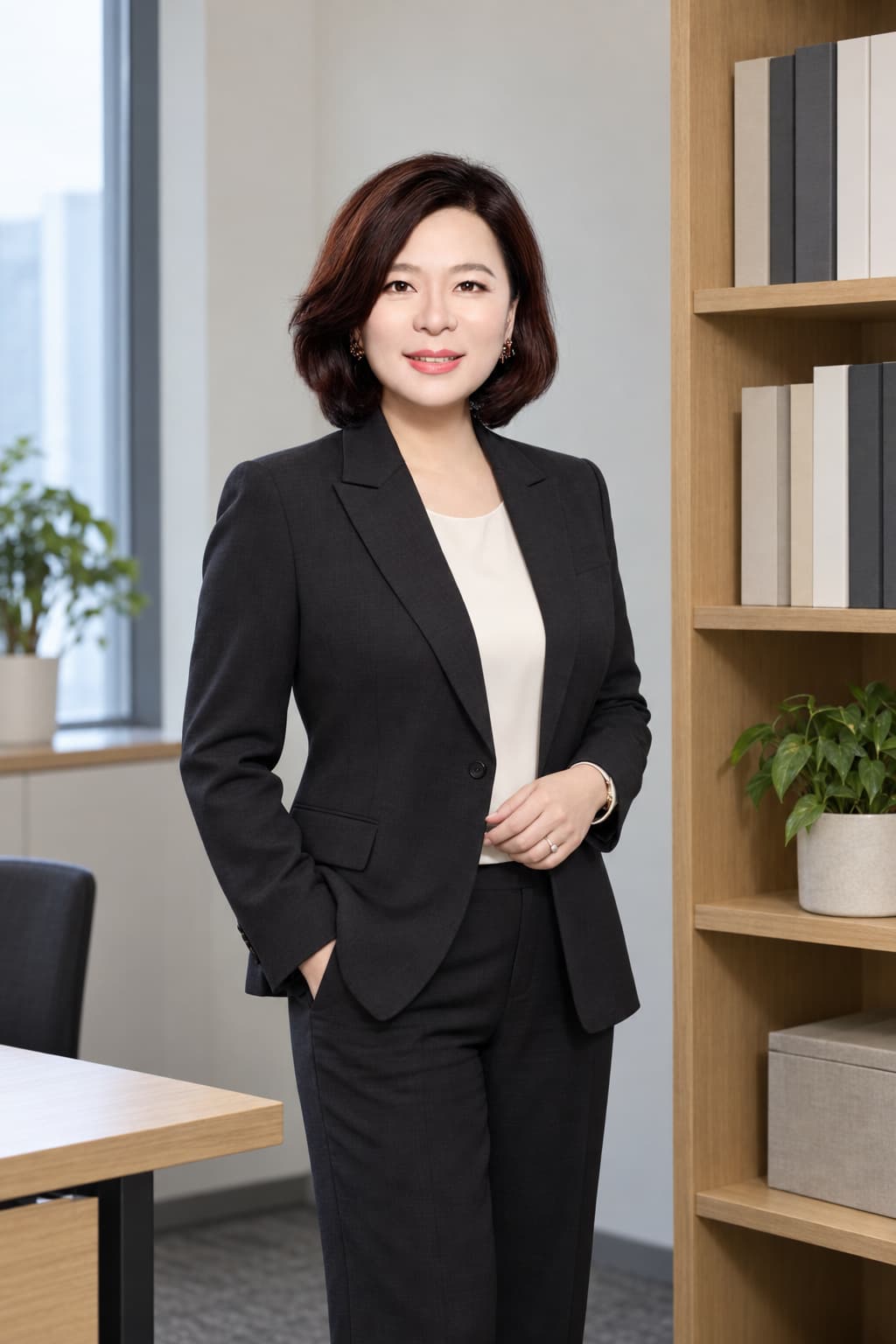 Woman photographed beside office shelving