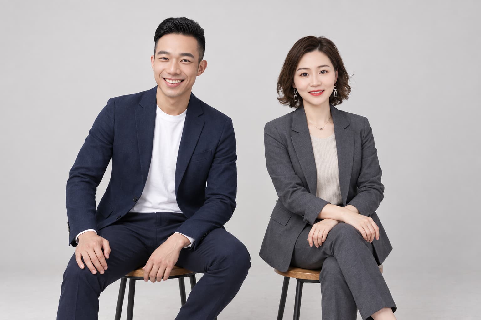 Two colleagues seated on stools, light gray backdrop