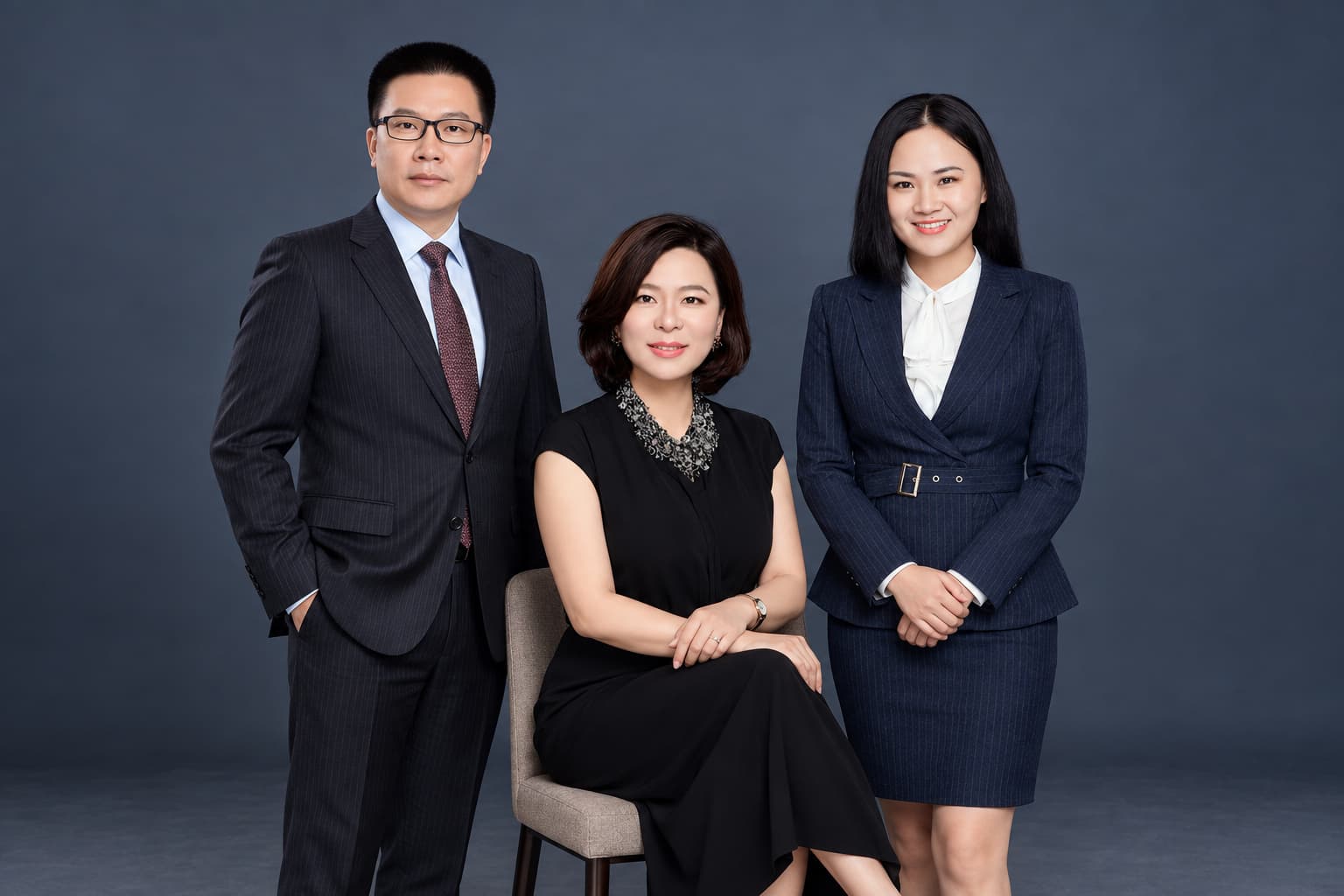 Three executives, formal team photo on a dark backdrop