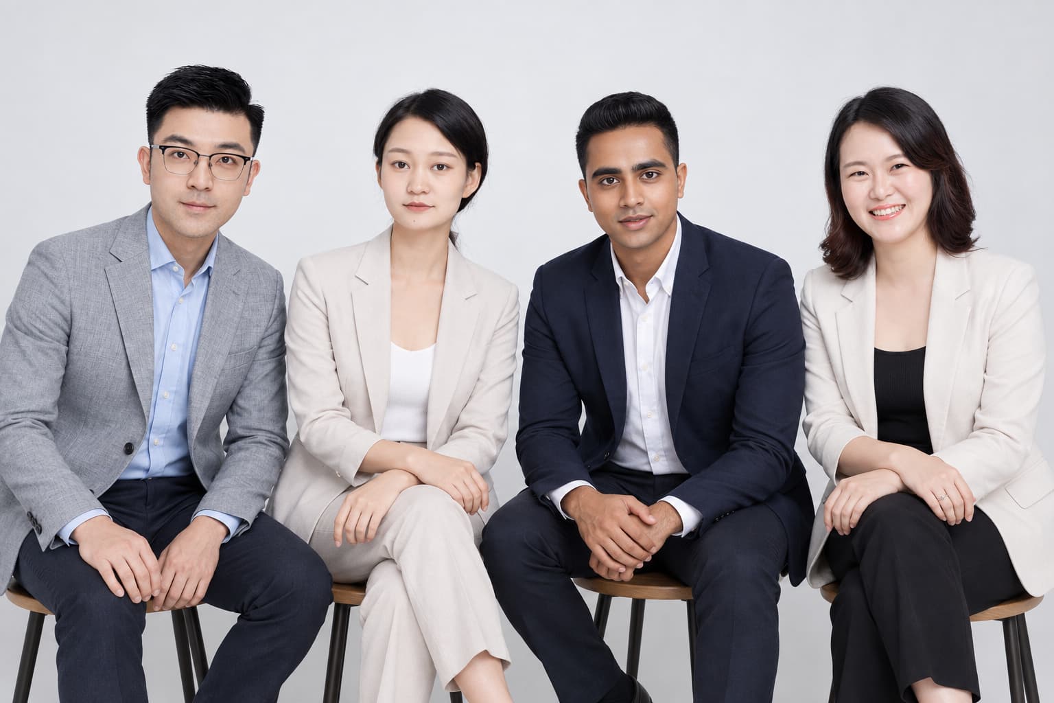 Four colleagues seated, relaxed team photo on light gray