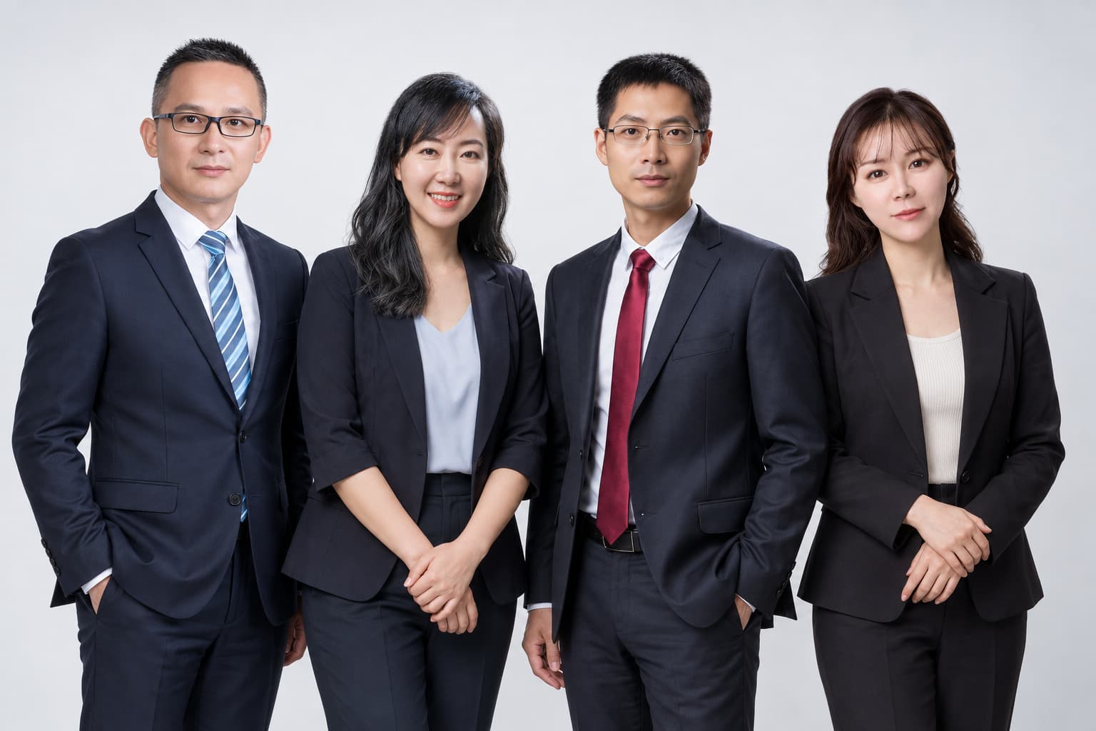 Four colleagues in suits, formal team photo on a light backdrop