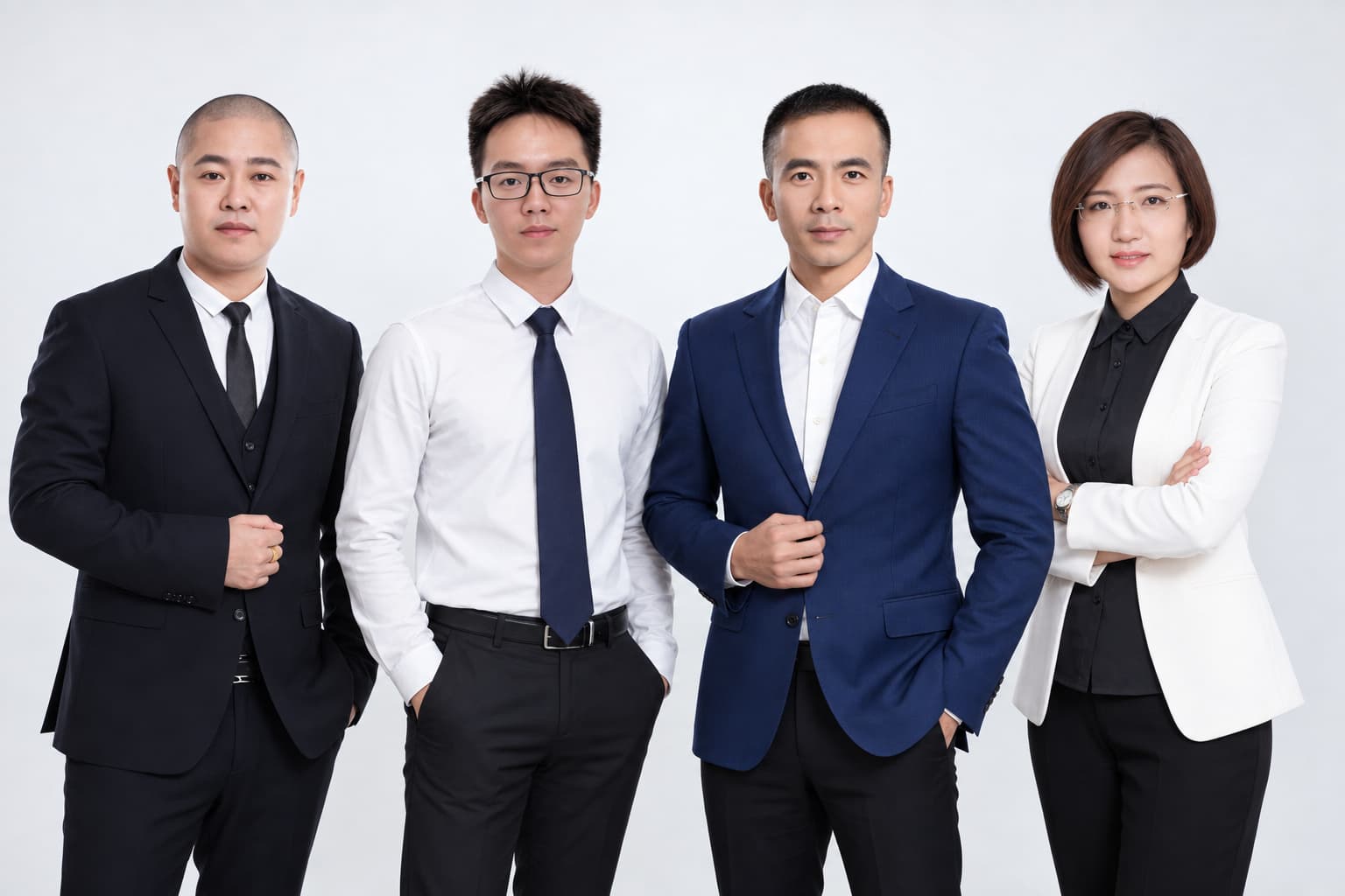 Four-person management team standing, light backdrop