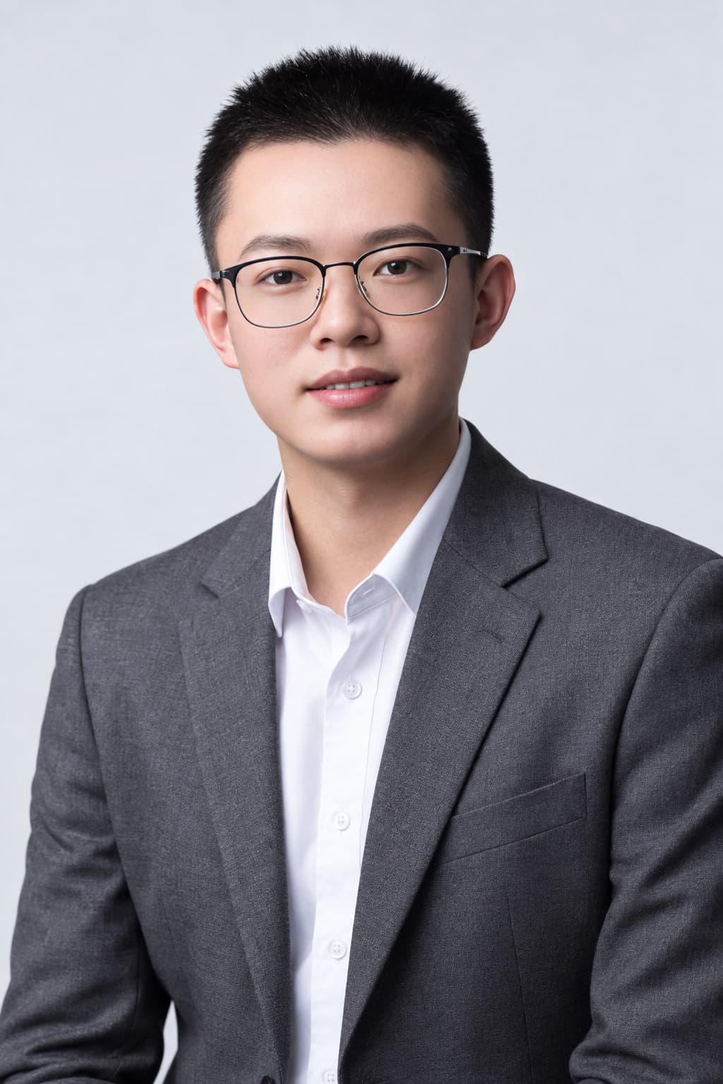 Male colleague in a gray suit, light gray backdrop