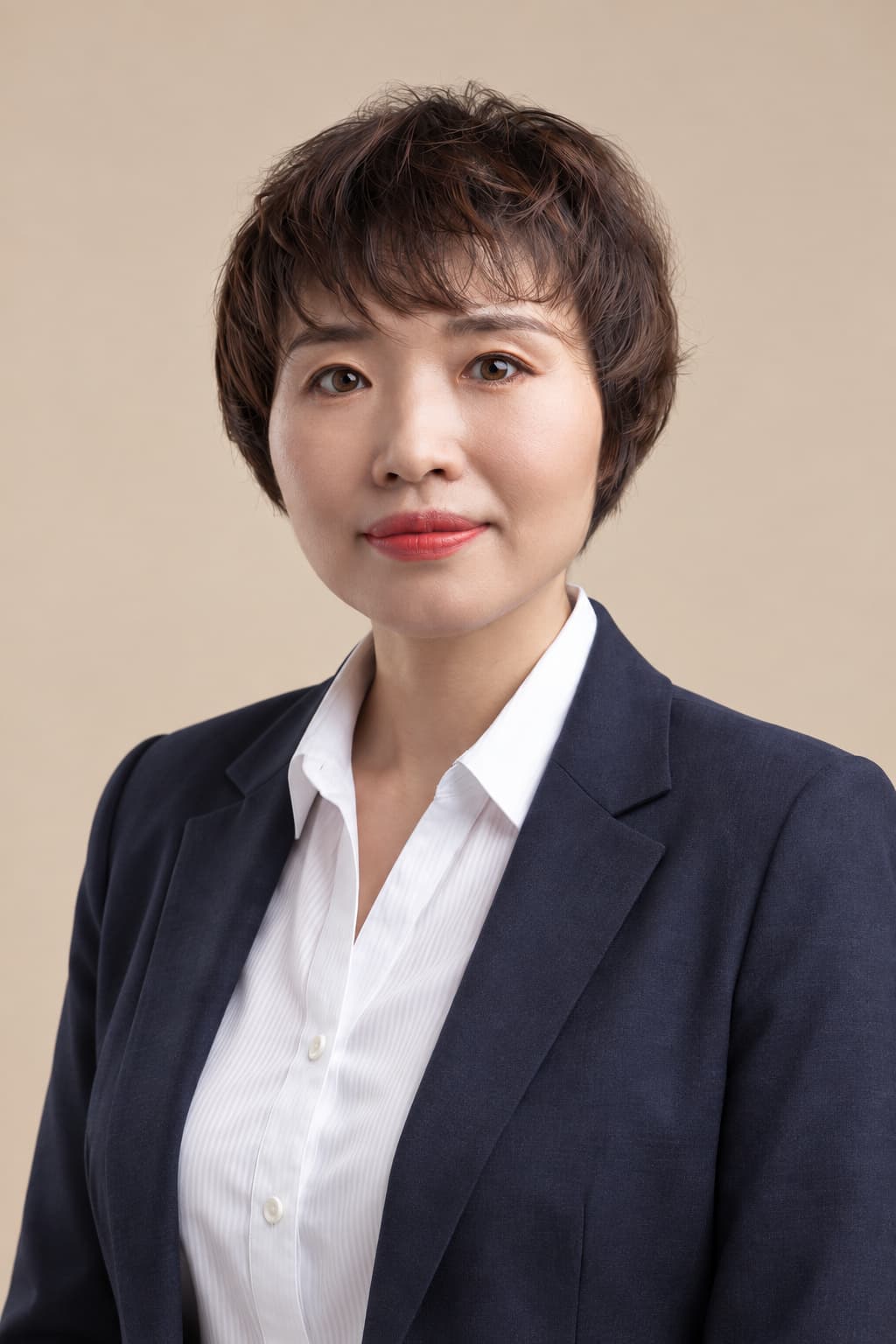 Woman in a navy blazer, warm beige backdrop