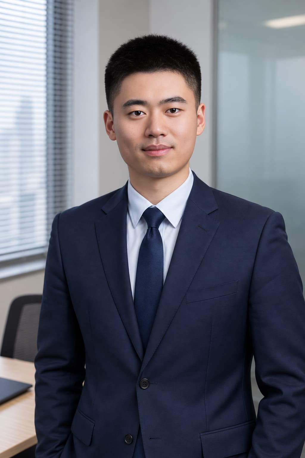 Male colleague in a navy suit photographed in the office
