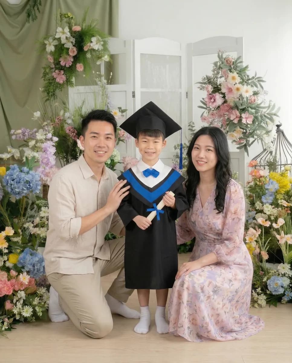 一家三口在花藝影樓場景中的室內畢業親子照