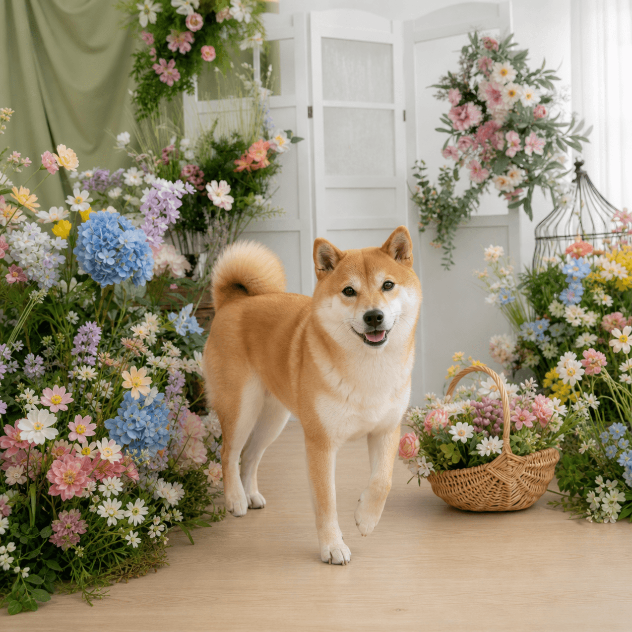 現時精選花園溫室場景中的開心柴犬肖像,用於香港寵物攝影價錢指南