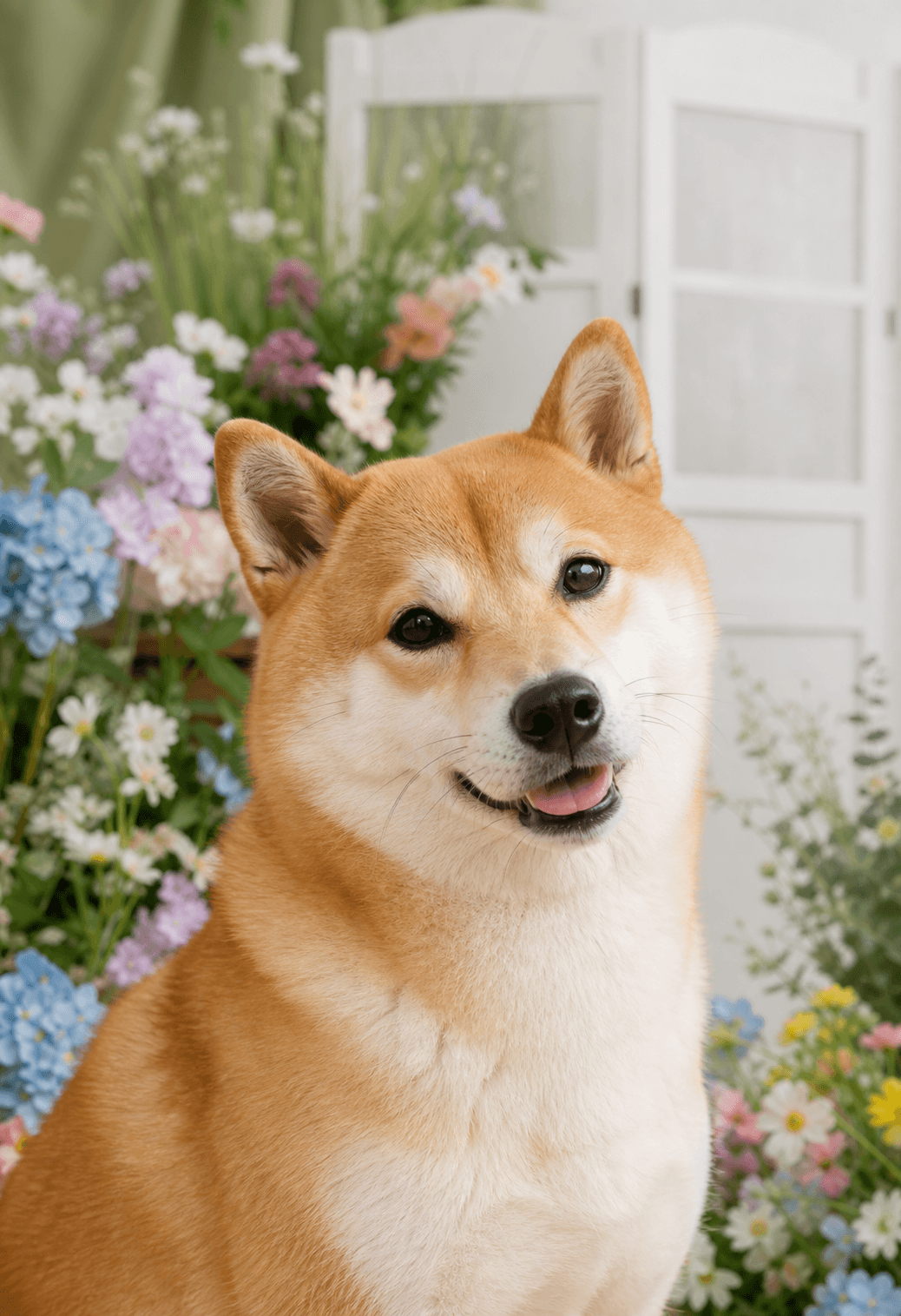 花園溫室場景中的柴犬開心近鏡
