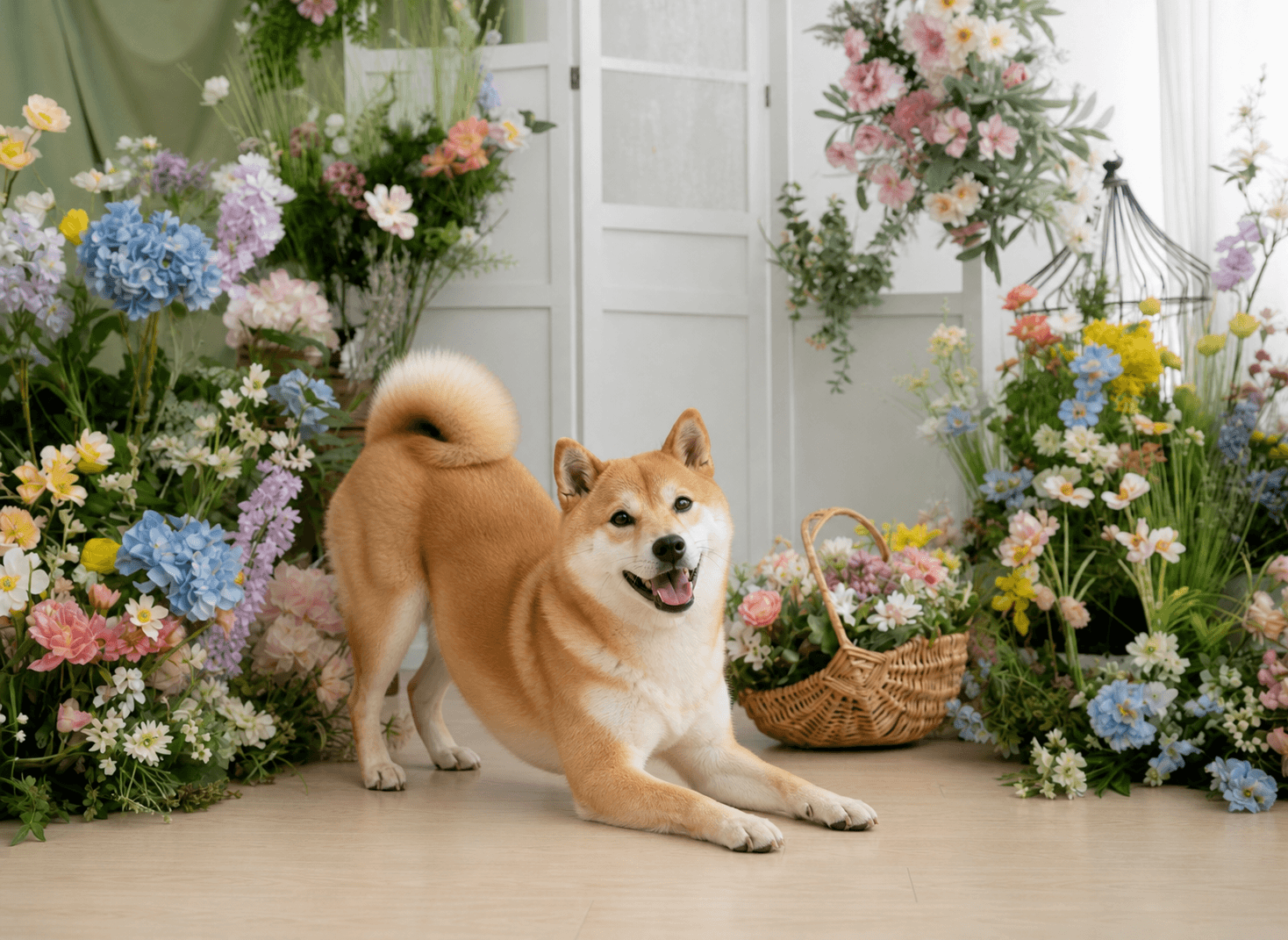 柴犬在花園溫室場景自然玩耍