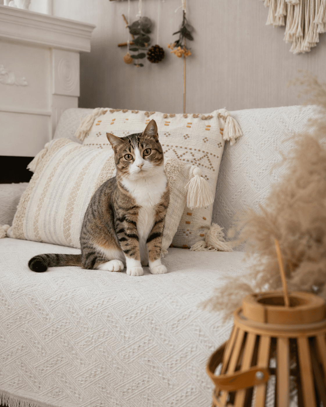 Tabby cat environmental portrait in the current Warm Linen Home featured set