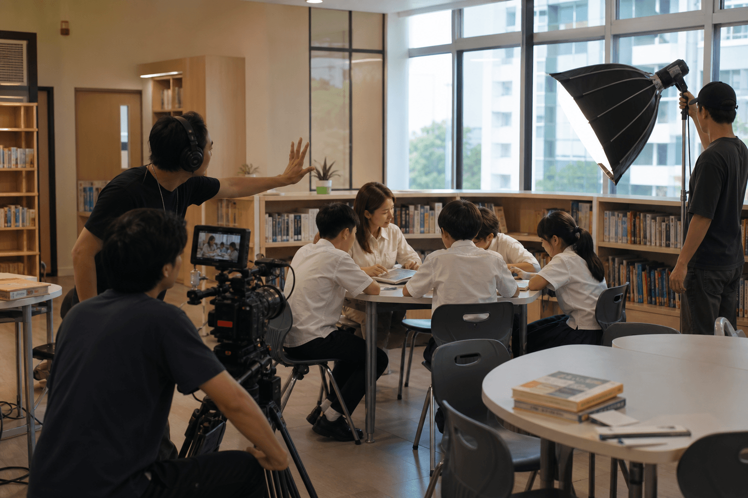 學校影片製作:攝影團隊在校內拍攝老師與學生的學習互動