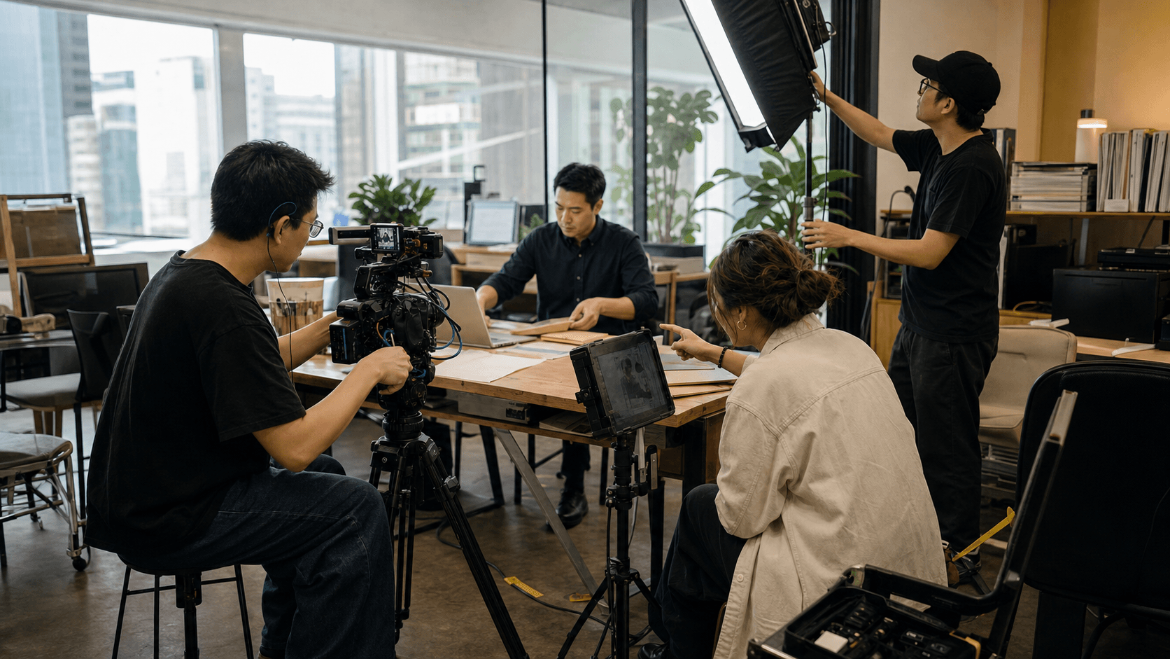 攝影及燈光團隊在企業場景進行影片拍攝