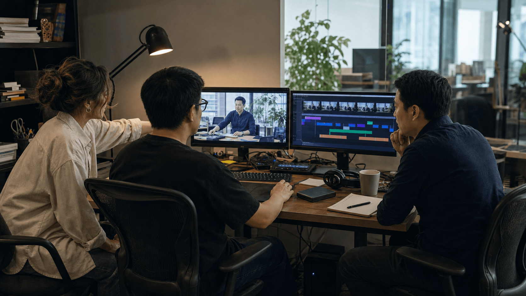製作團隊與客戶在剪接室審閱影片內容