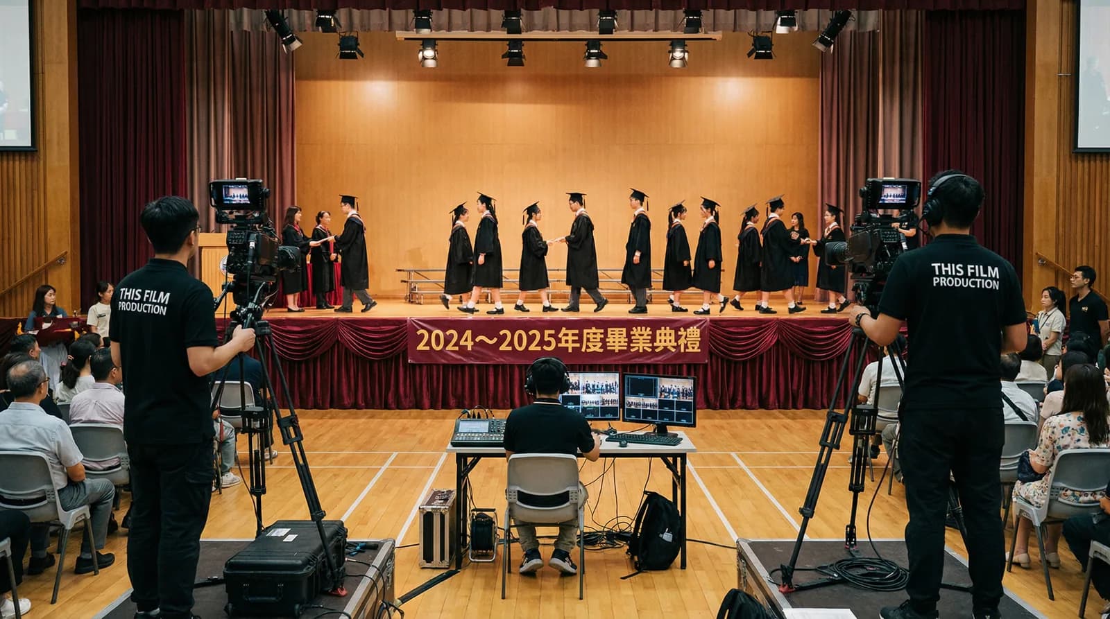 學校禮堂畢業典禮直播場景,攝影機及監看設備面向舞台