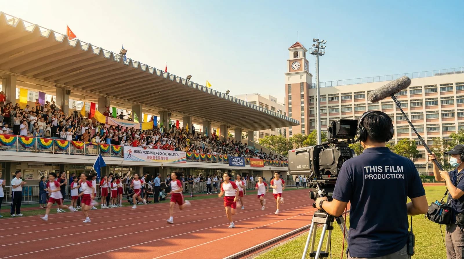 學校運動會直播場景,攝影機及收音設備在跑道旁