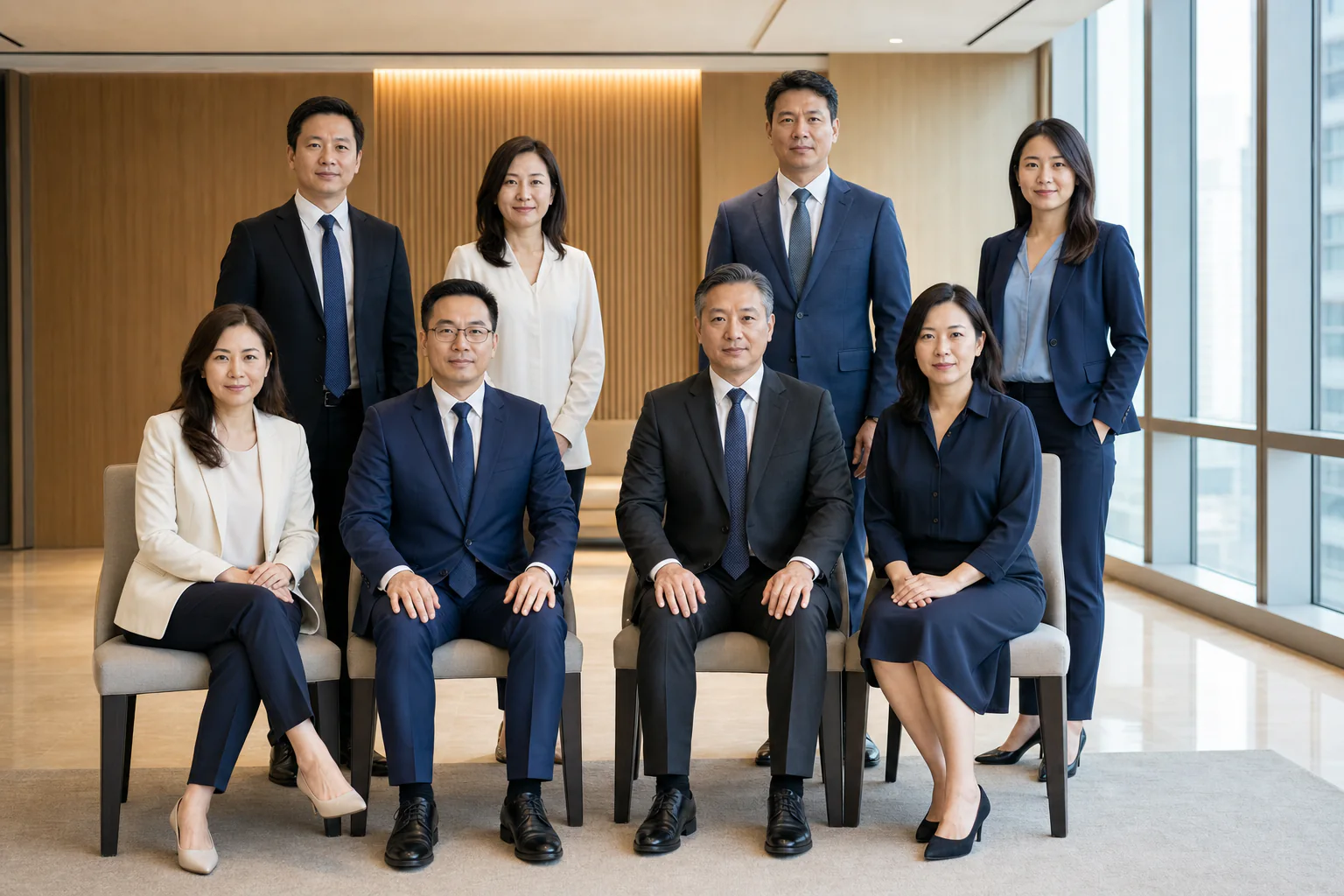 辦公室內排列整齊的正式公司團體照