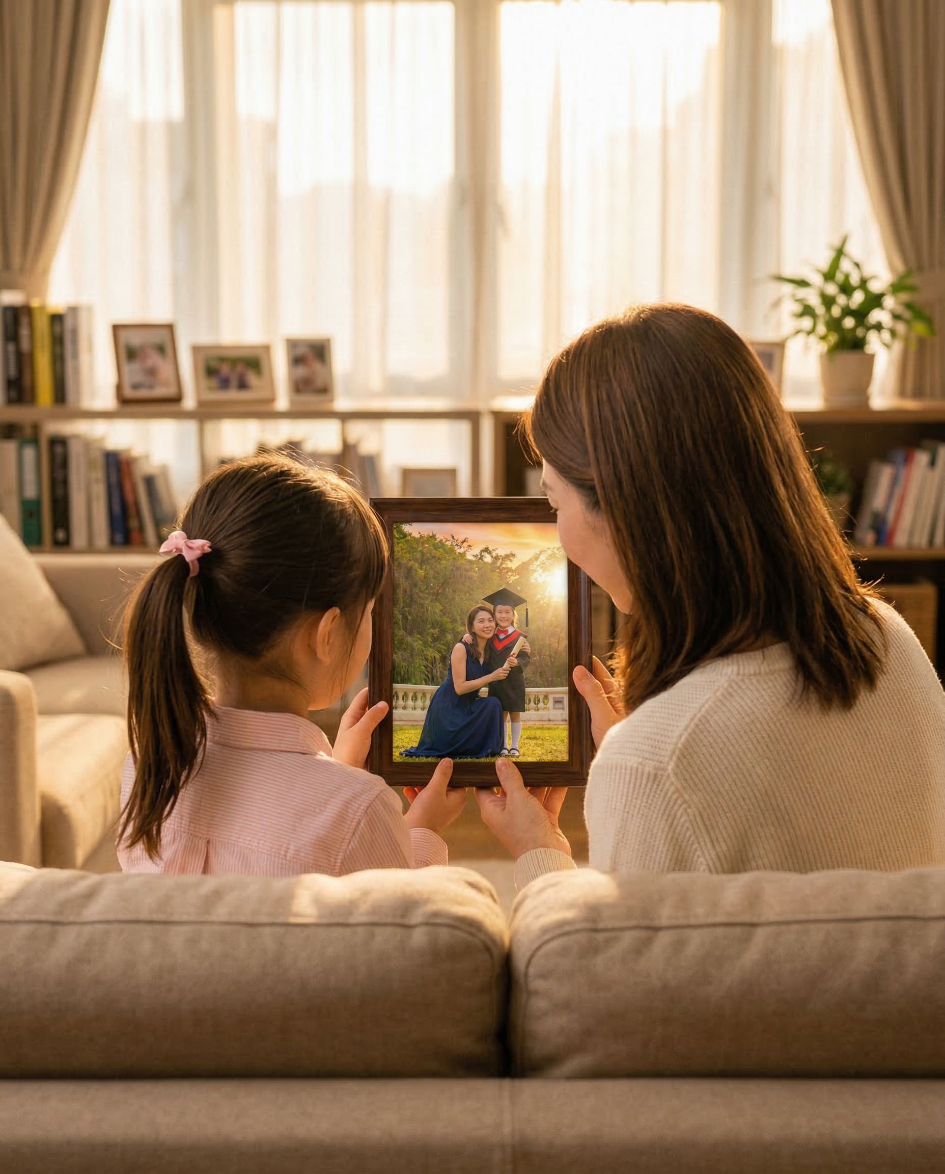 Mother and daughter looking at graduation family photo at home - cherished memories