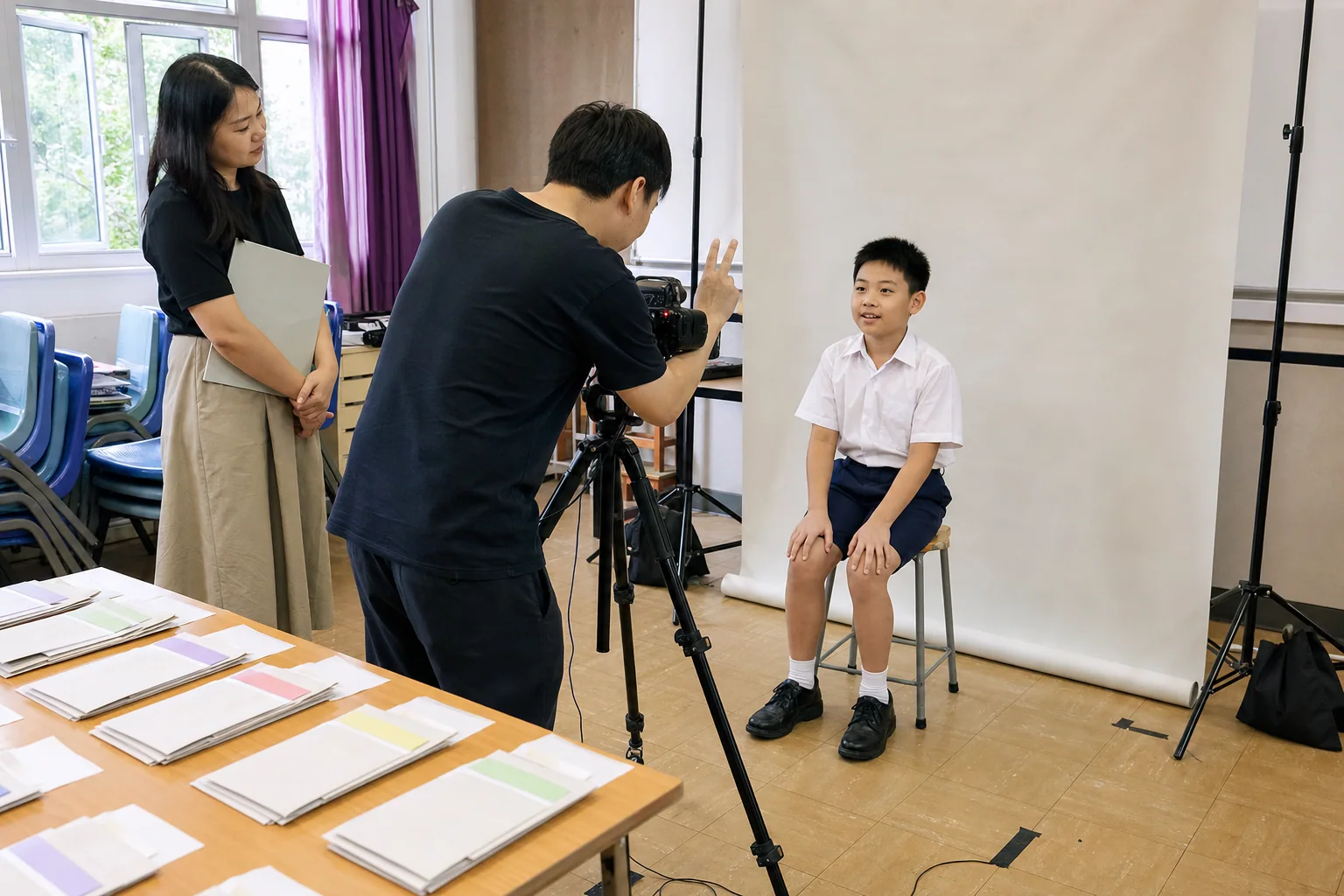 School staff checking arrangements at an on-site student portrait station