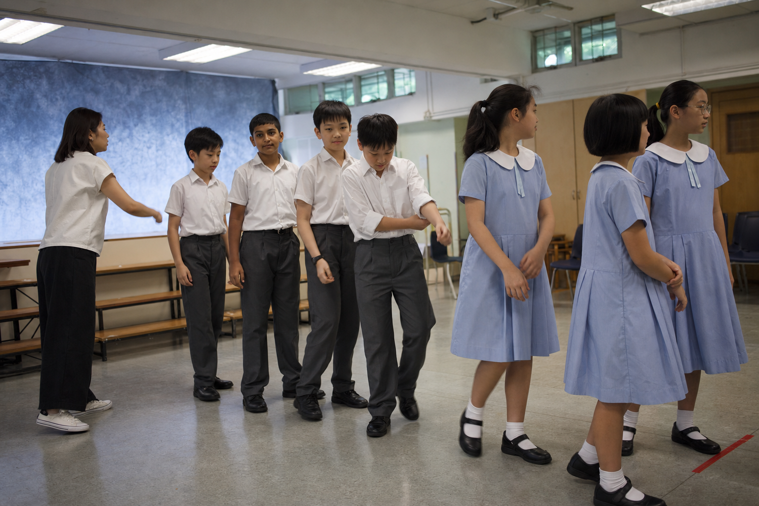 Students moving calmly from a waiting area into class photo positions