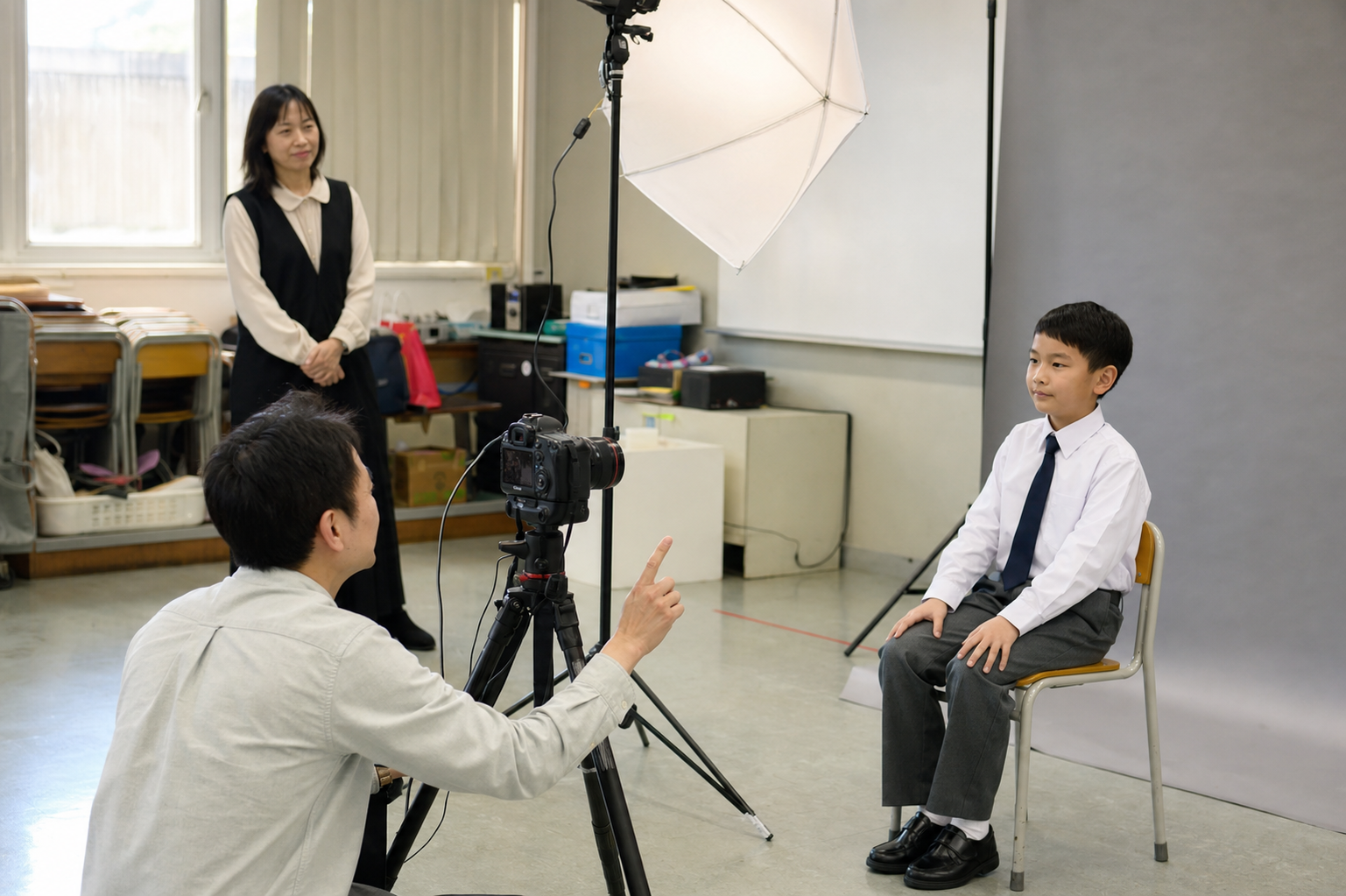 Photographer giving one clear prompt at student eye level during school photography