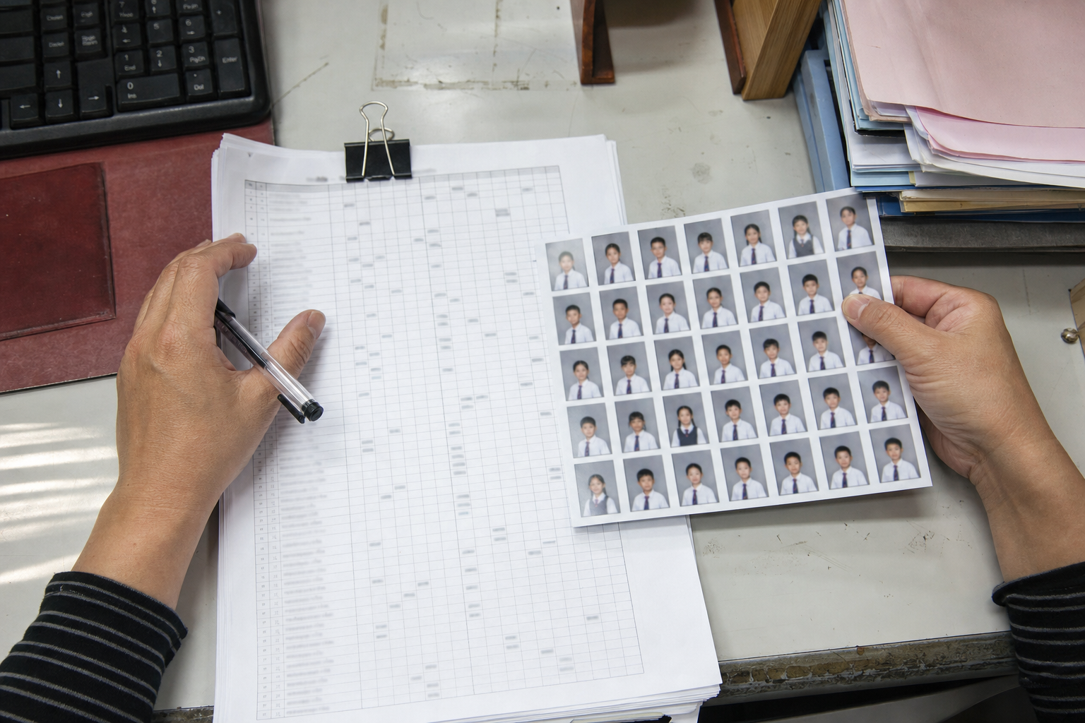 School photo sample thumbnails beside an anonymised group checking sheet