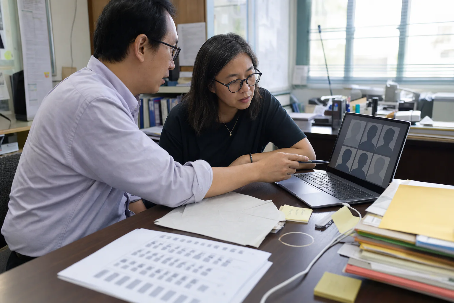 School staff reviewing a student ID photo sample direction against a requirements sheet