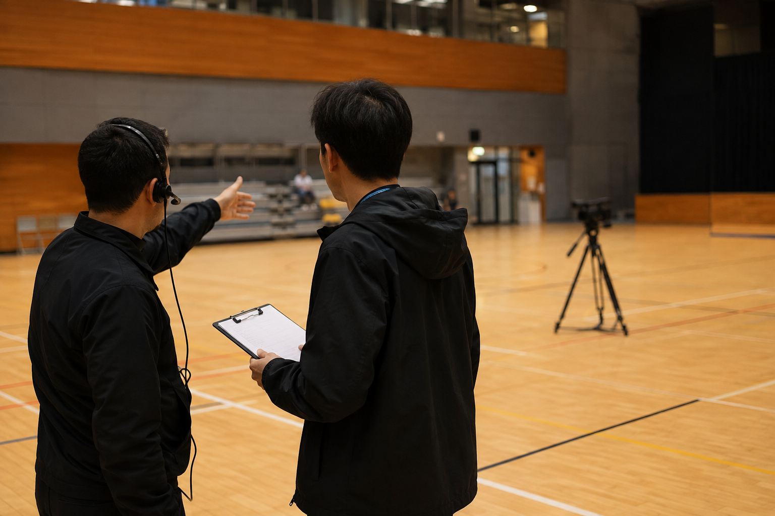 Two event-side staff confirm positions and the running flow beside an indoor court