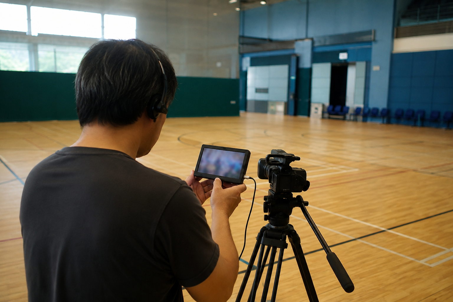 A production crew member checks a camera before an indoor sports event
