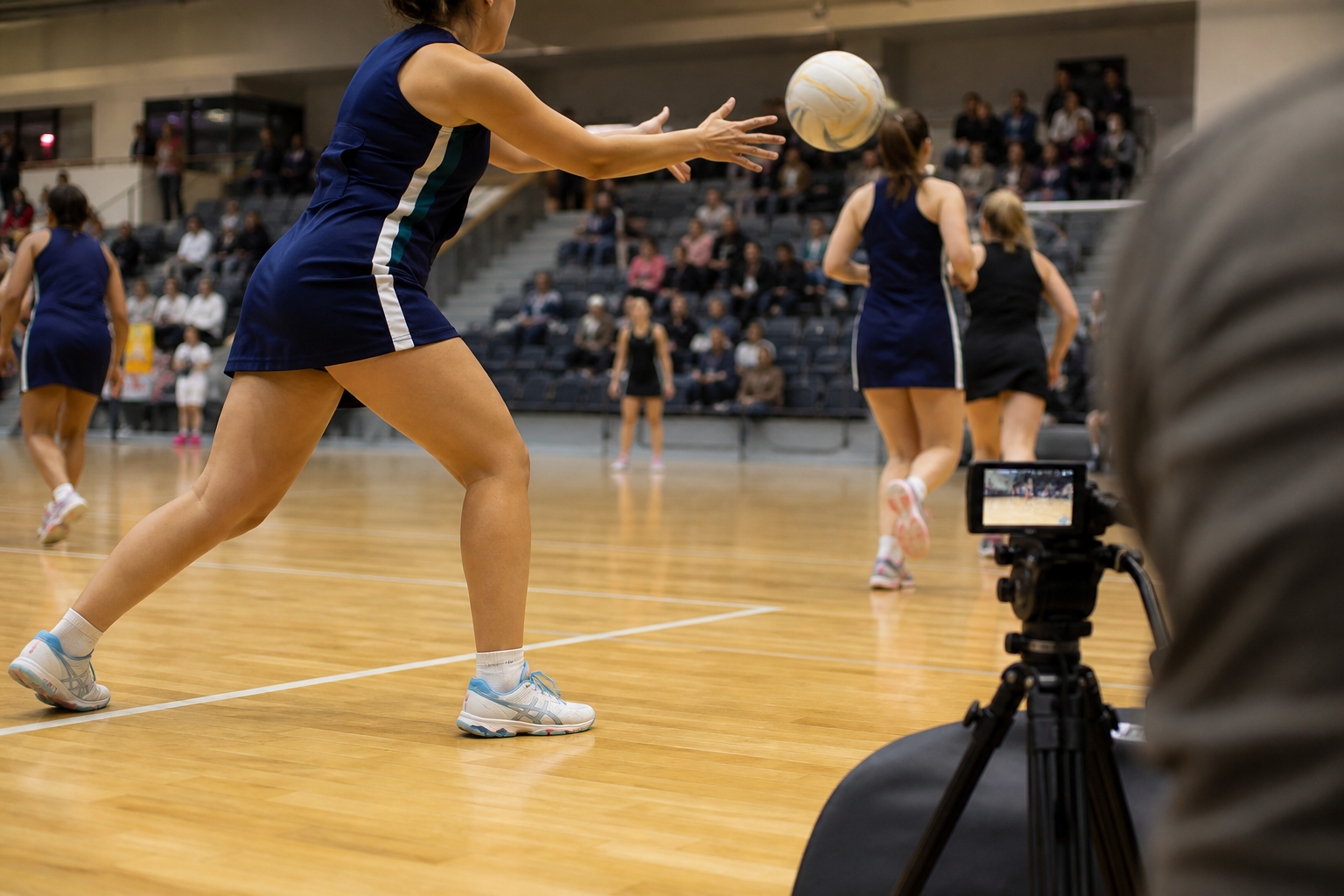 室內 Netball 風格賽事中，場邊攝影機正在拍攝比賽