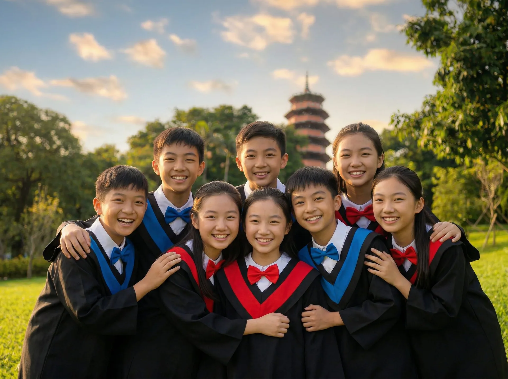 戶外畢業團體相，學生一起微笑合照